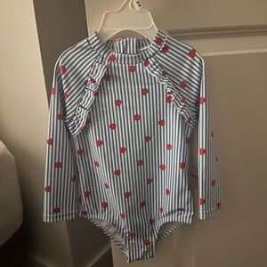 18 month blue and white striped with strawberry swimwear